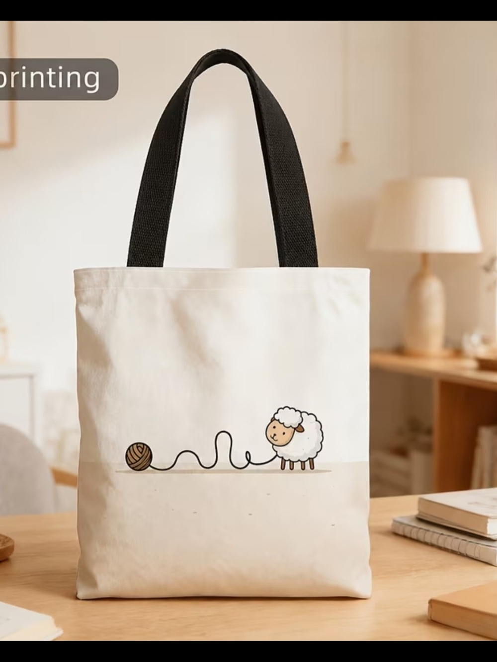 Cute Sheep  Tote Bag with Black Handles